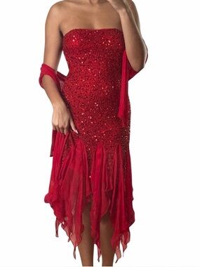 100% Silk Marciano Red Strapless Asymmetrical Beaded Dress